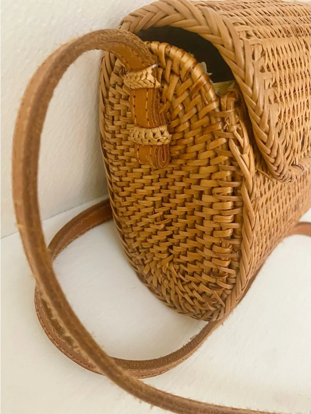 Street Level handmade Woven rattan structured Crossbody Bag in Tan - Picture 3 of 14